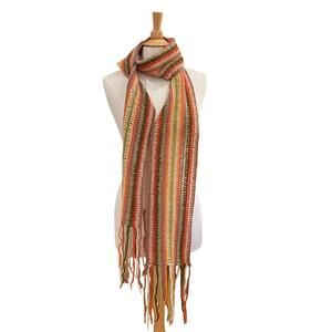 Hand Knit Boho Scarf with Fringe, Burnt Orange, Moss Green, Ivory, Brown